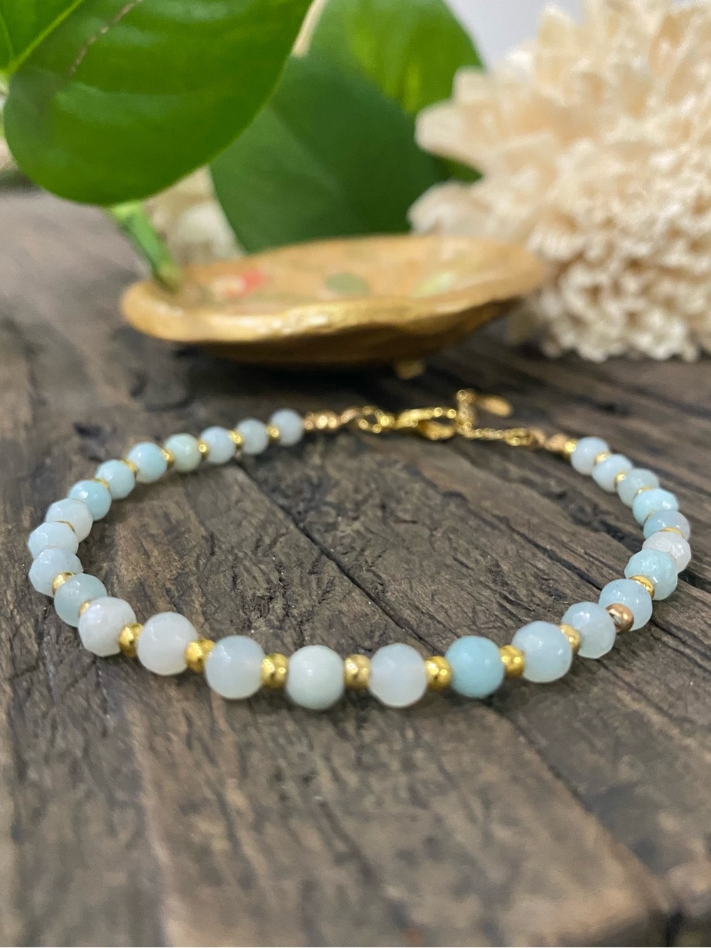 Delicate Light Blue Beaded Bracelet on Gold Filled Chain, Adjustable